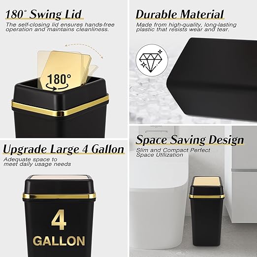 Bathroom Trash Can with Lid 4 Gallon Trash Can with Swing Lid Small Garbage Can Black Bathroom Trash Can with 300 Counts Trash Bags for Kitchen Bedroom Office Dorm
