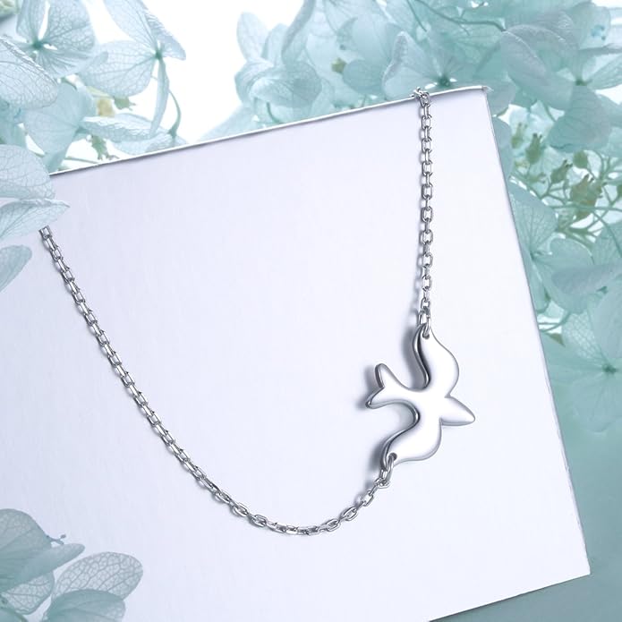 DAOCHONG S925 Sterling Silver Jewelry Doves Birds Faith Hope Love Choker Necklace 14+4"