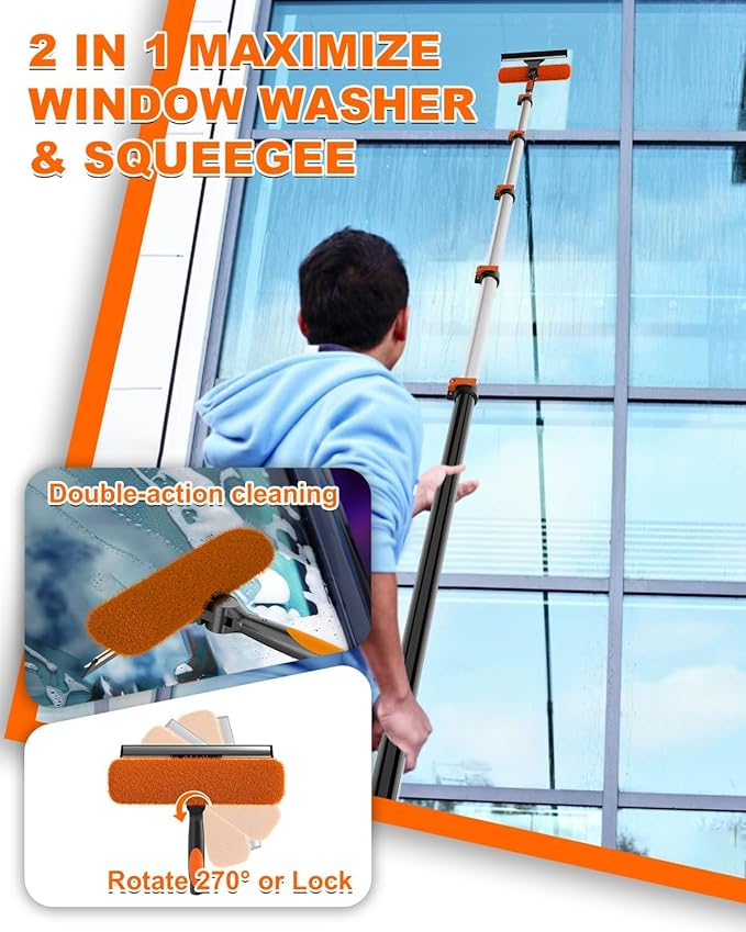 30Ft Reach Solar Panel Cleaning Brush Kit with 5-24ft Telescoping Pole, Water Fed Window Cleaner Tool with 20" Brush, Soap Dispenser, Cobweb Duster, Squeegee for Roof, CV, Gutter, Boat, Deck