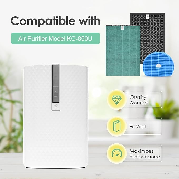Filter Compatible with Sharp KC-850U & KC-C100U Air Purifier, H13 True HEPA Replacement, Carbon & Humidifier Filter, Compared to Part # FZ-C100HFU, FZ-C100DFU & FZ-C100MFU, 1-Set