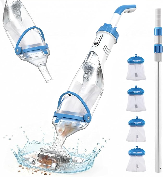 Handheld Pool Vacuum for Above Ground & Inground Pools, Consciot Cordless Rechargeable Pool Cleaner with Telescopic Pole up to 87.5", 1110 GPH Suction, 60Min Runtime, See-Through Head, Light Blue
