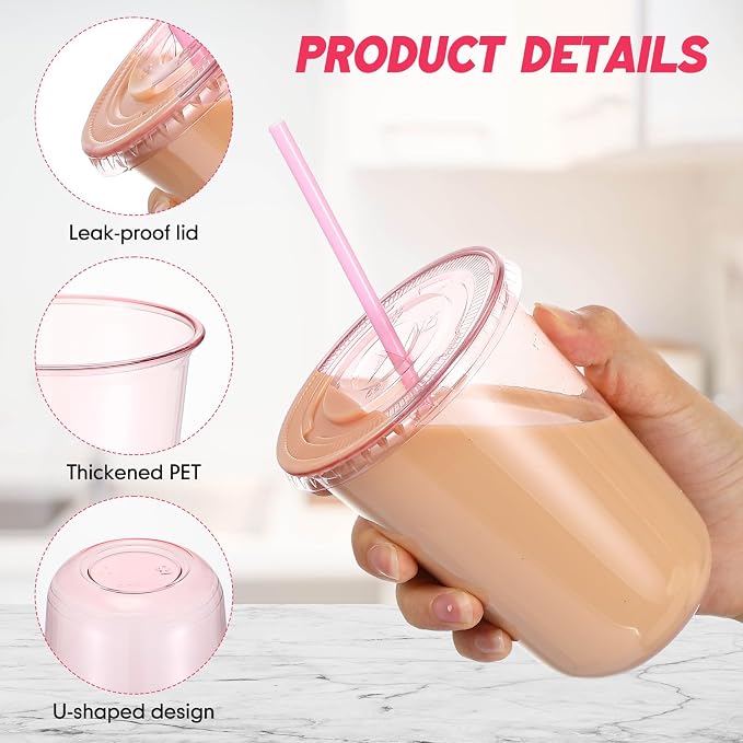 Ziliny 200 Sets Clear Round Bottom Plastic Cups with Lids and Straws, Cute Disposable Drinking Coffee Cups, for Christmas Valentine's Galentine's Day Party Wedding Birthday Supplies (16oz,Pink)