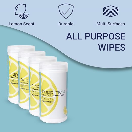 happimess WPE1002A-4SET All-Purpose Cleaning Wipes, Heavy Duty Multi-Surface Household Wipes for Kitchen and Bathroom, Fresh Lemon Scent, 100 Count, Pack of 4 (400 Total Wipes)
