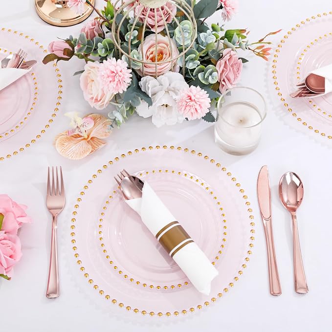 Supernal 100pack Rose Gold Plastic Silverware with Napkins, Prewrapped & Rolled Rose Gold Disposable Utensils, Elegant Pink Gold Cutlery Rolls for Wedding, Baby Shower & Party