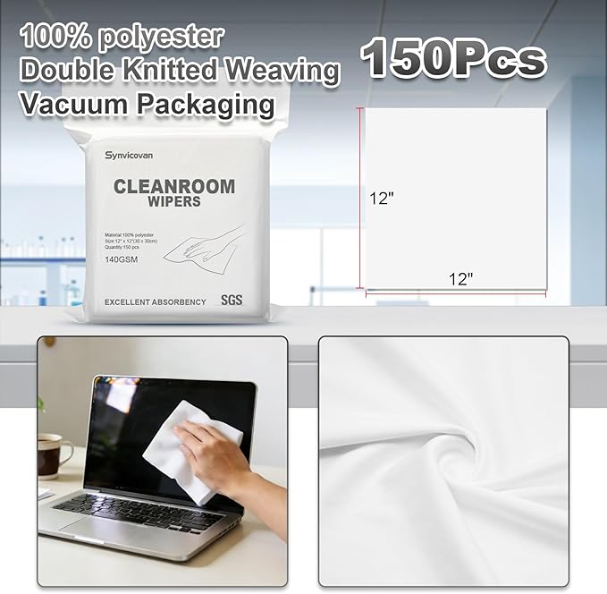 Cleanroom Polyester Wipers 12"x12"(150 Pcs, 140GSM) Double Knit 100% Lint Free Cleaning Cloths with Ultra-fine Filaments, Laser Sealed Edge Ultra-Soft Wipers, Reusable and Washable