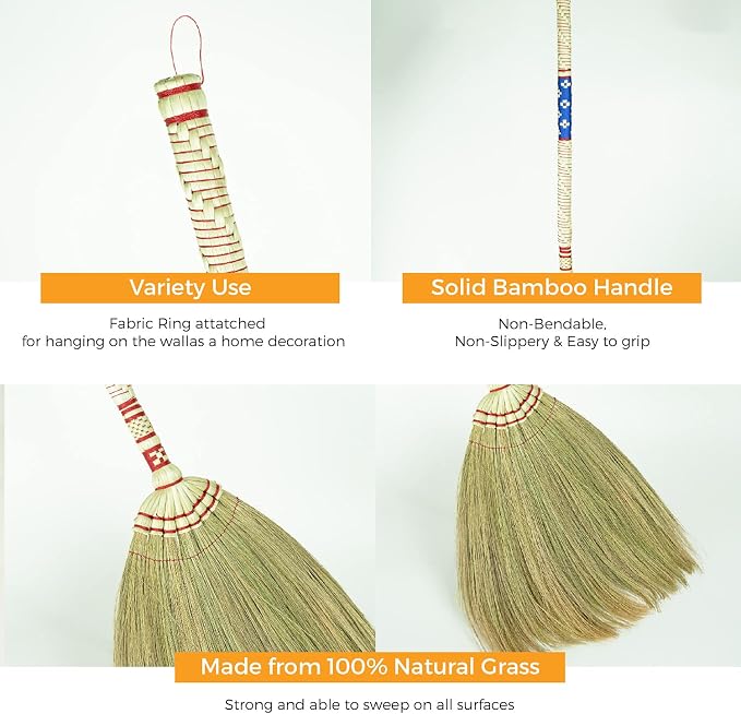 Asian Broom for Cleaning Floor/Handheld Household Broom for Outdoor and Indoor : House Broom - Hardwood Sweeper with Brush Power and Circle Cleaning (Thai Pattern 2, Blue 2)