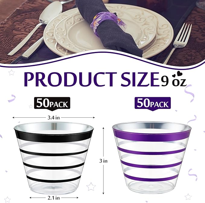 Gejoy 9 oz 100pcs Black and Purple Rimmed Stripe Plastic Cups Bulk Disposable Wine Hard Plastic Drinking Cocktail Cups Tumblers for Wedding Gathering Party Supplies(Black, Purple)