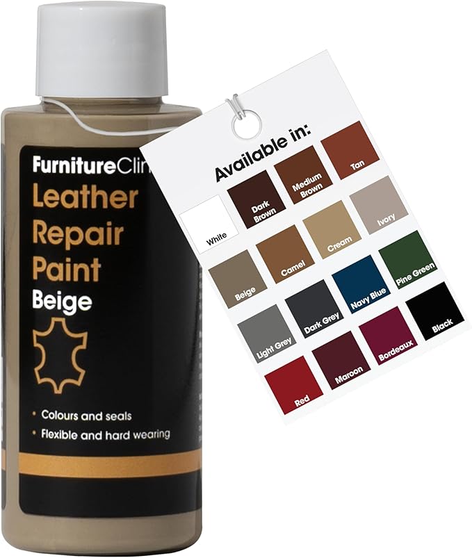 Furniture Clinic Leather Repair Paint | 2-in-1 Seal and Color | Use on Scratches, Tears, and Holes in Car Seats, Furniture | Quick and Easy Leather Repair Kit for Furniture (Beige, 50ml / 1.7oz)
