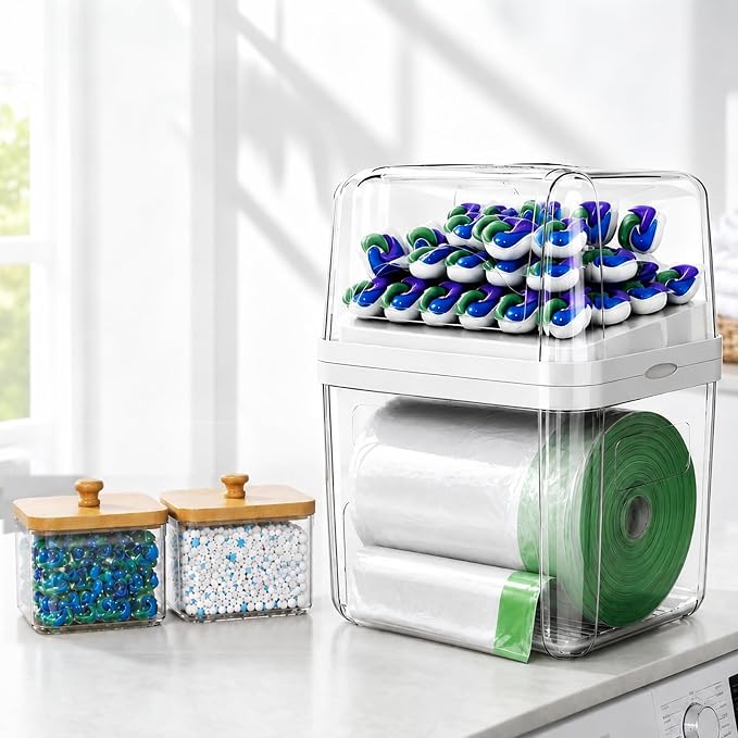 Trash Bag Holder and Dishwasher Pod Dispenser with 2 Bamboo Lid Storage Containers, Clear Acrylic Under Sink Organizer for Garbage Bags, Laundry Detergent Pods & Tabs, Kitchen Pantry Laundry Room