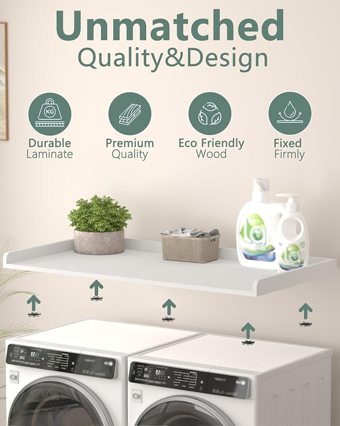 Piskyet Washer Dryer Countertop,Laundry Countertop with Edge Rails,27.5" Depth x 54" Wood Countertop for Washer Dryer,Laundry Machine Topper for Laundry Room Organization (White)