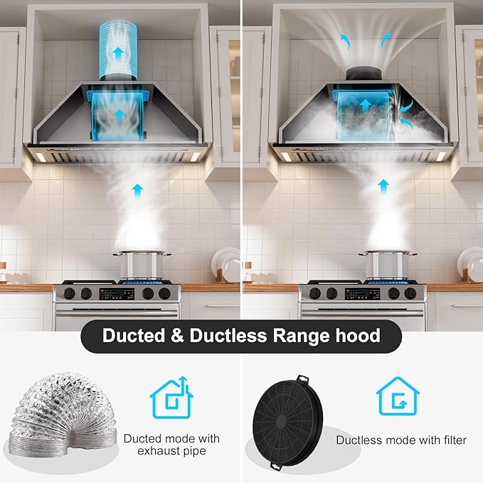 BRANO Range Hood Insert 30 Inch, 900 CFM Voice/Gesture/Touch Control Build-in Kitchen Hood Vent with 4 Speed Exhaust Fan, Memory Mode, Adjustable Lights, Ducted/Ductless Convertible
