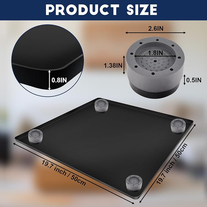Mini Fridge Silicone Mat with 4 Base Raisers, 20'' x 20'' Under Refrigerator Mat Mini Fridge Drip Tray Reusable Floor Protection, Non-Slip Refrigerator Carpets for Fridge, Washing Machine, Dishwashers