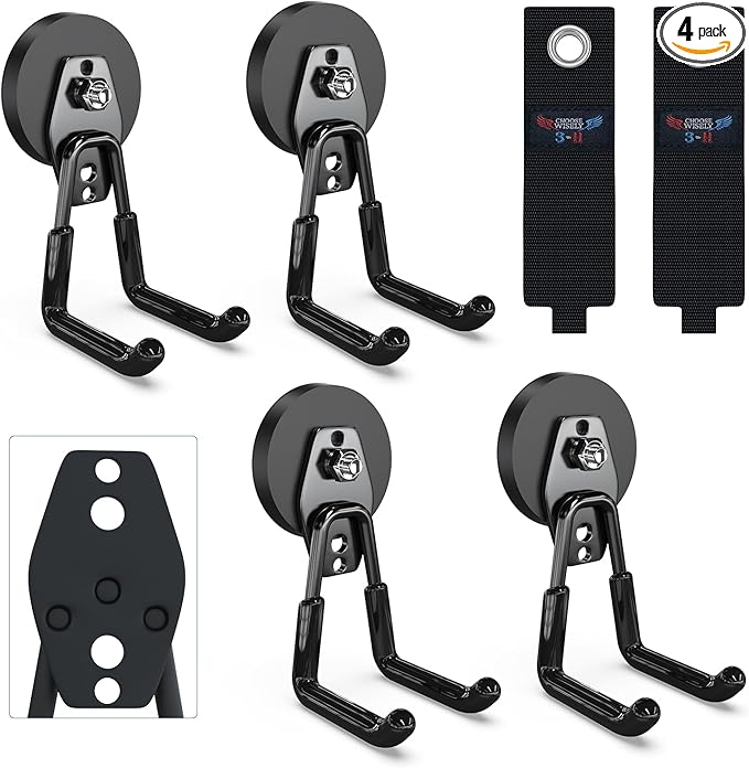3-H Extra Strong Magnetic Hooks,Heavy Duty Large Anti-Slip Magnet Hooks,No-Drill Tool Holder for Garage,Power Drill,Garden Tools,Hose Storage,4 Pack Black