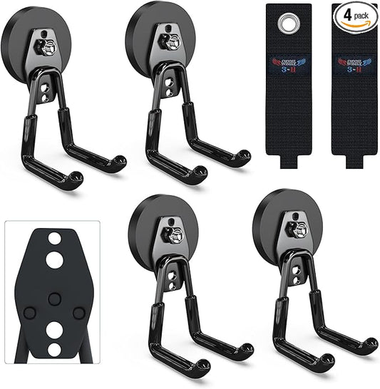 3-H Extra Strong Magnetic Hooks,Heavy Duty Large Anti-Slip Magnet Hooks,No-Drill Tool Holder for Garage,Power Drill,Garden Tools,Hose Storage,4 Pack Black