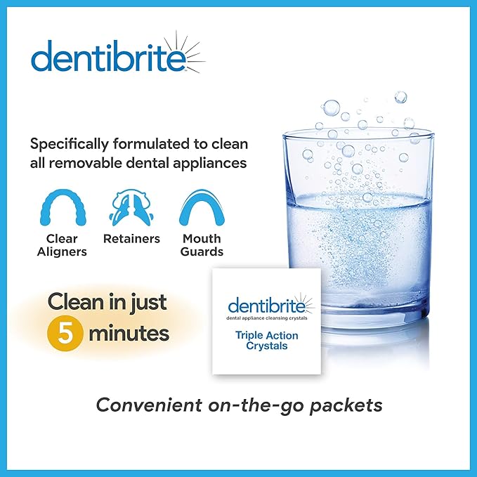 Crystals Cleaner for Removable Dental Appliances - Invisalign Aligners, Retainers, Guards, Dentures, Trays/Aligners - Odor Remover - No Persulfates or Dyes - 30ct - Made in USA