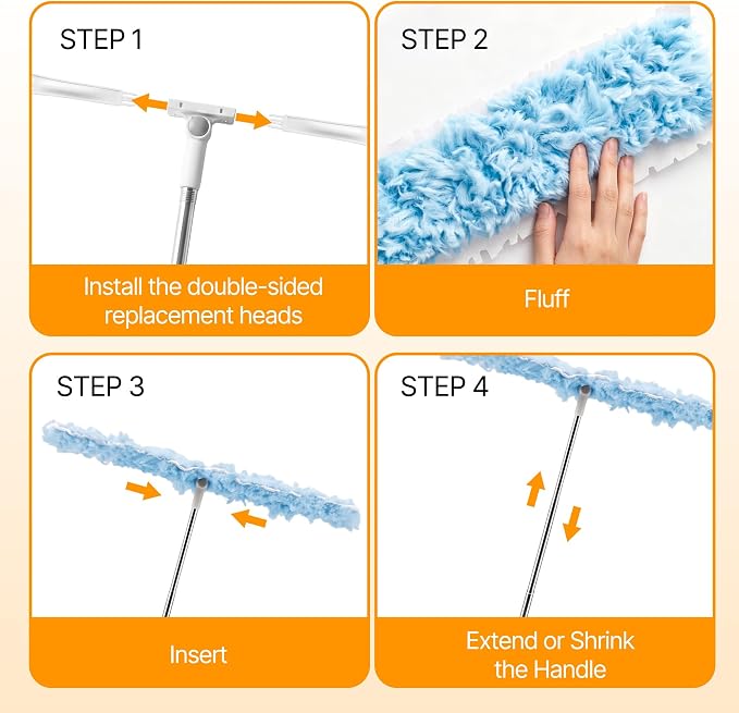 30 Count Heavy Duty Duster Refills, 6FT Extendable Handle with Dual Heads, 4 Fan Blades, 360 Microfiber Duster for Ceiling Fan, High Ceilings, Lamps, Hard-to-Reach Areas