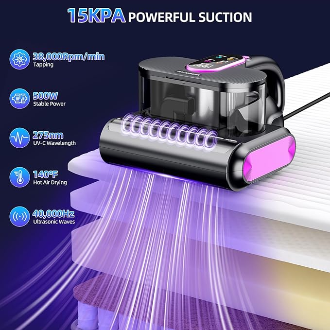 Mattress Vacuum, 15kPa Bed Mattress Cleaner with Super Suction and 275nm Uv-C Light,500W Handheld Mattress Vacuums for Bed Sofa Furniture Crib, Replacement Filter Included(Corded，38000RPM)