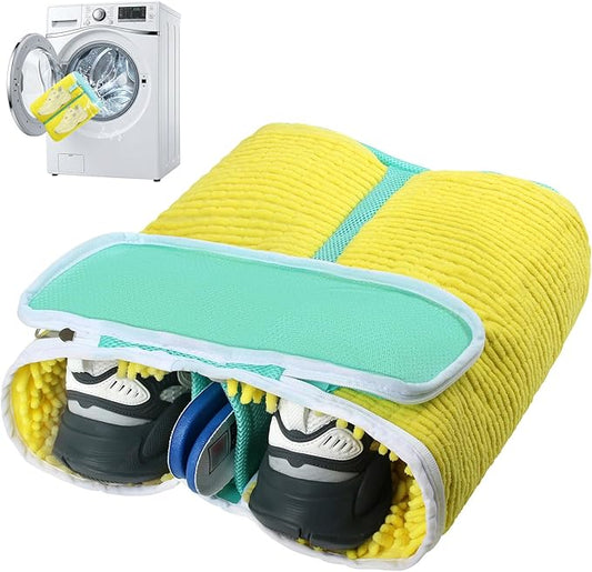 Upgraded Dual Compartment Shoe Washing Machine Bag, 420g Heavy-Duty Sneaker Laundry Bag with Clasp-Lock Zipper, Thick Chenille & Reinforced Seams for Maximum Protection, Yellow/Blue, 1-Piece