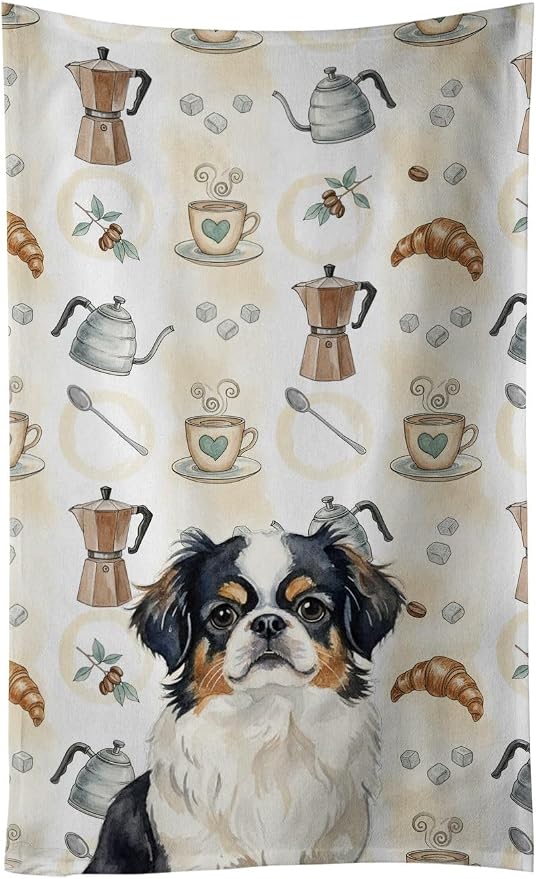 Caroline's Treasures Tricolor Japanese Chin Coffee Bar Kitchen Towel Velour Plush Front and Cotton Loop Back Machine Washable
