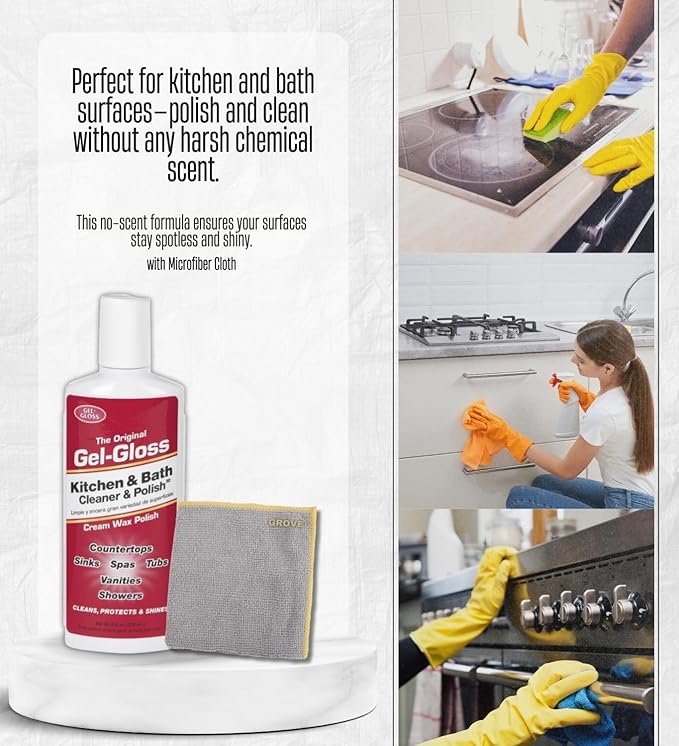 4x Gel-Gloss Kitchen & Bath Cleaner & Polish 8 oz Bundle with Microfiber – Cleans, Protects, and Restores Luster on Acrylic, Corian, Porcelain, Ceramic, and Stainless Steel – Gift Set (5 Items)