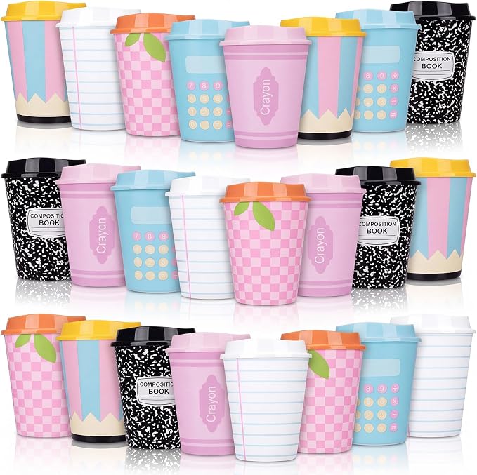 Skylety 24 Pcs Back to School Cups Bulk 12oz Classic and Pastel Style Reusable Plastic Coffee Cups with Lids First Day of School Gifts for Teachers Students Party Favors Supplies (Pastel)