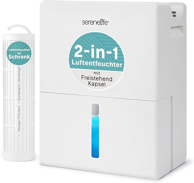 SereneLife 2-in-1 91 Oz Dehumidifier For Home, Bedroom, Bathroom, Basement with Removable Cylinder & Drying Base, Timer, Sleep Mode, & Smart Humidity Control, Covers 1200 Sq Ft 9 x 6 x 13 in, White