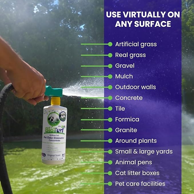 BioTurf BioS+ Kit Turf Cleaner for Pet Urine Outdoor – Artificial Turf Cleaner Concentrate Yard Deodorizer for Dog Urine & Feces – Enzyme Kennel Odor Eliminator 1 Gallon, 32oz with Hose Attachment