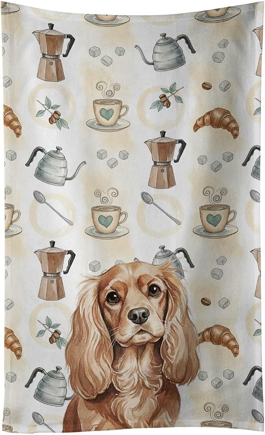 Caroline's Treasures Ruby Cavalier Spaniel Coffee Bar Kitchen Towel Velour Plush Front and Cotton Loop Back Machine Washable