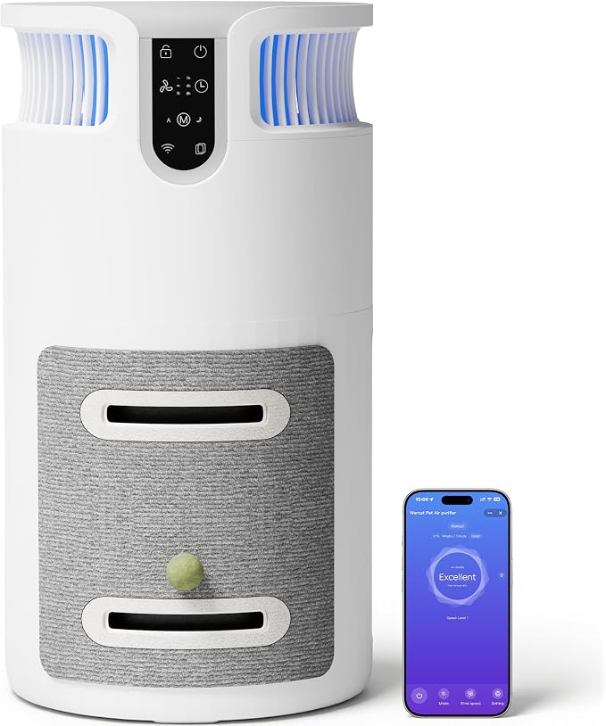 Greesum Pet Air Purifier for Cats, 320m³/h CADR Smart Air Cleaner with Cat Scratcher & Catnip Ball, 4-Color PM2.5 Indicator, App Control, Child Lock, Washable Body, Odor & Pet Hair Removal for Home