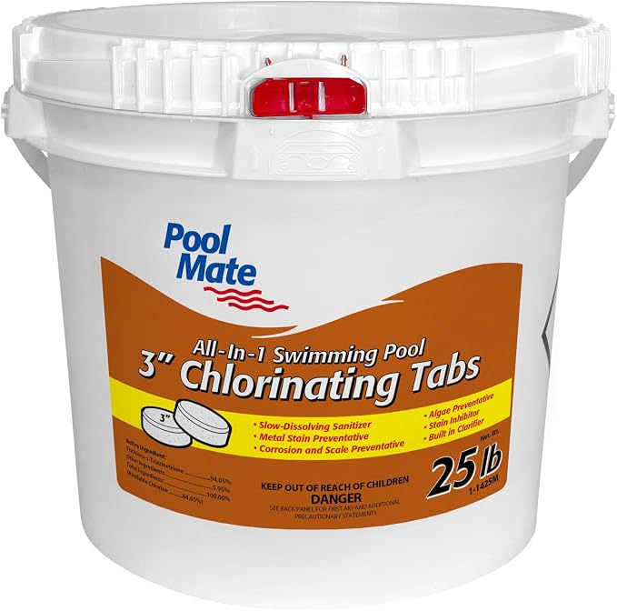 Pool Mate 25-Pounds All-In-1 Swimming Pool 3 Inch Chlorinating Tabs, Chlorine Tablets 3 Inch, Sanitizer, Clarifier, Stain Inhibitor, Algae Control, Descaler, Sunlight Protector All In One, Made In USA