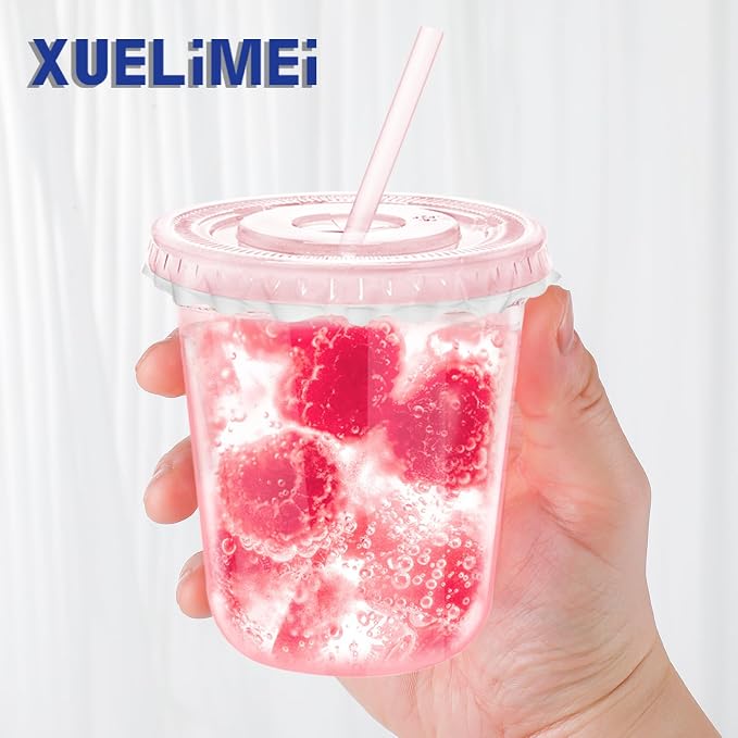 12oz Disposable Stemless Glasses with Flat Lids and Straws,PET Disposable Drinking Cups,Clear Plastic Wine Glasses for Parties Birthday,Wedding,Meeting,Christmas Party Supplies. (50, Pink)