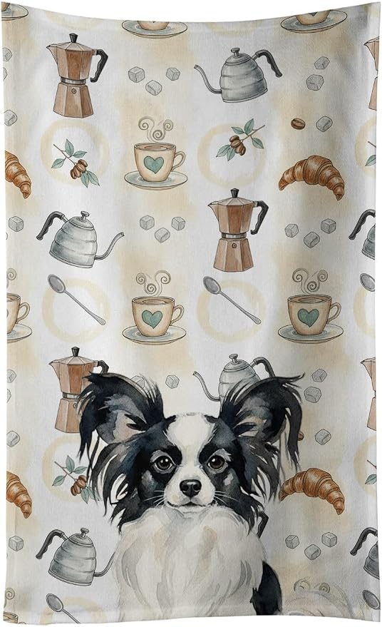 Caroline's Treasures Black and White Papillon Coffee Bar Kitchen Towel Velour Plush Front and Cotton Loop Back Machine Washable