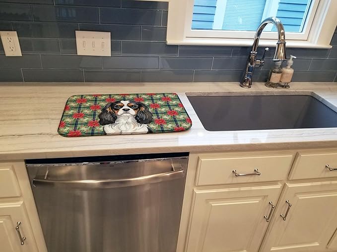 Caroline's Treasures Tricolor Cavalier Spaniel Christmas PoinsettIas Dish Drying Mat Absorbent Dish Drying Mat Pad for Kitchen Counter Dish Drainer Mat for Countertop, 14 x 21", Multicolor