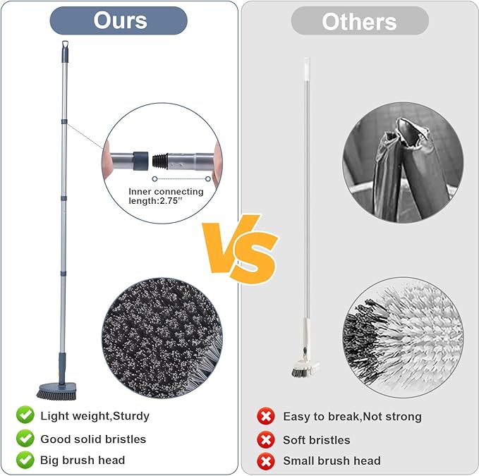 Shower Cleaning Brush,4 in 1 Tile Tub Shower Scrubber with 54.7'' Long Handle Stiff Bristles Sponge Brush Grout Brush Microfibe Pads for Bathroom Kitchen Toilet Wall Glass Tub Tile Sink