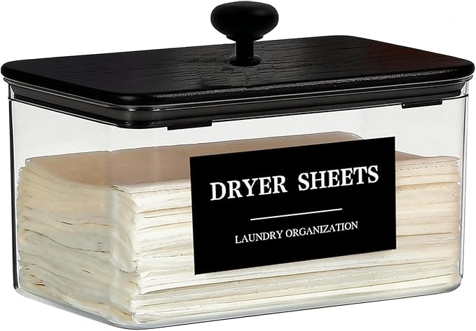 Dryer Sheet Holder Black Lid, Laundry Dryer Sheet Container Clear Detergent Pods Dispenser with Labels, Laundry Detergent Sheets Holder for Laundry Room Decor and Accessories