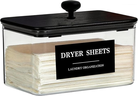 Dryer Sheet Holder Black Lid, Laundry Dryer Sheet Container Clear Detergent Pods Dispenser with Labels, Laundry Detergent Sheets Holder for Laundry Room Decor and Accessories