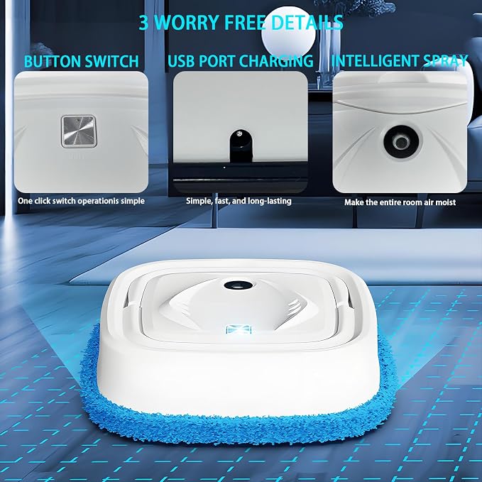 Automatic Robot Mop,Dual Use of Dry and Wet,Spray Function,Rechargeable Low Noise Intelligent Mopping Machine,Suitable for Bedrooms,Kitchens,Living Rooms(White)