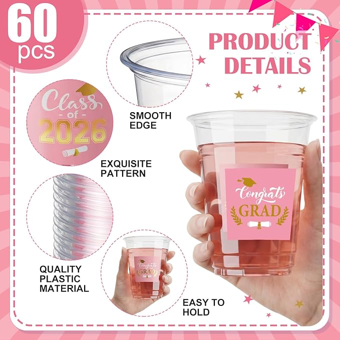 Amyhill 100 Pack 12oz Graduation Cups 2026 Graduation Decorations Disposable Plastic Cups Sturdy&Durable Drinkware for Class of 2026 Decorations Congrats Grad Party Favors Supplies (Pink)