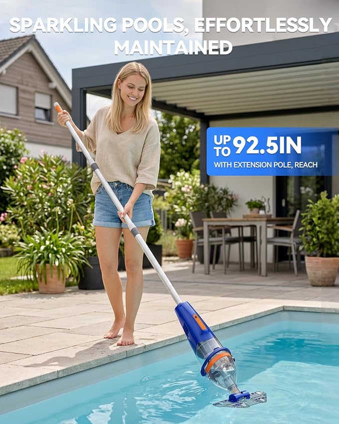 Pool Vacuum for Above Ground & Inground Pools, Handheld Pool Vacuum Cleaner with Wireless Remote, Dual Cleaning Heads, 69.3" Telescopic Pole, 18.5 GPM Suction, 75 Min Runtime for Spa & Hot Tub, Blue