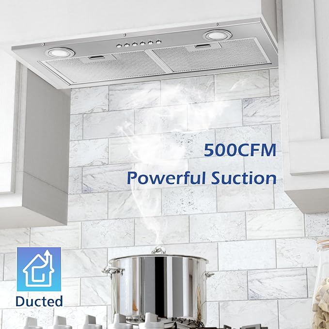 ONEEON 24" Range Hood Insert, 500CFM Stainless Steel Built-in Kitchen Vent, 4-Speed Exhaust Fan, Dishwasher-Safe Baffle Filters, LED Lights & 3-Min Delayed Shutdown.