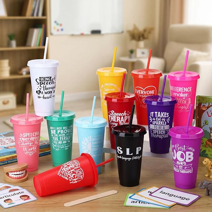 Meanplan 24 Pcs Speech Language Pathologist Gifts Bulk 24 oz Plastic Tumbler with Lids and Straws Slp Thank You Cups Back to School Gifts for Teacher First Day of School Slp Office Supplies