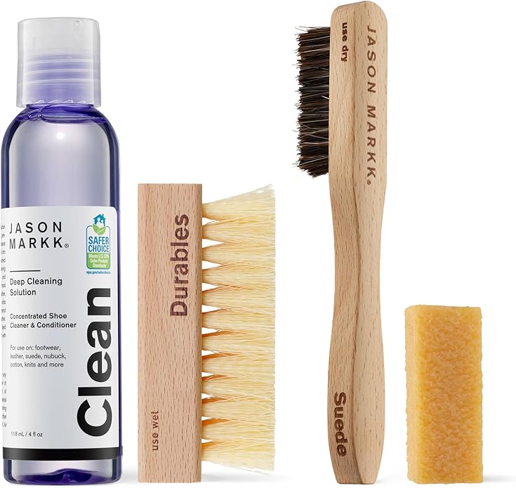 Jason Markk Suede Essentials Bundle, 4-Piece Shoe & Sneaker Care Set, 4oz Deep Cleaning Solution, Two Brushes, & Suede Stain Eraser, Safe for Leather, Nubuck, Cotton, Knits, and More