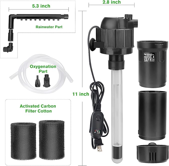 hygger 4-in-1 Submersible U-V Filter Pump, Internal Green Water Killer with Timer, 210GPH 8W Adjustable Fish Tank Filter, Increase Oxygen for 40-80 Gallon Aquarium Tank