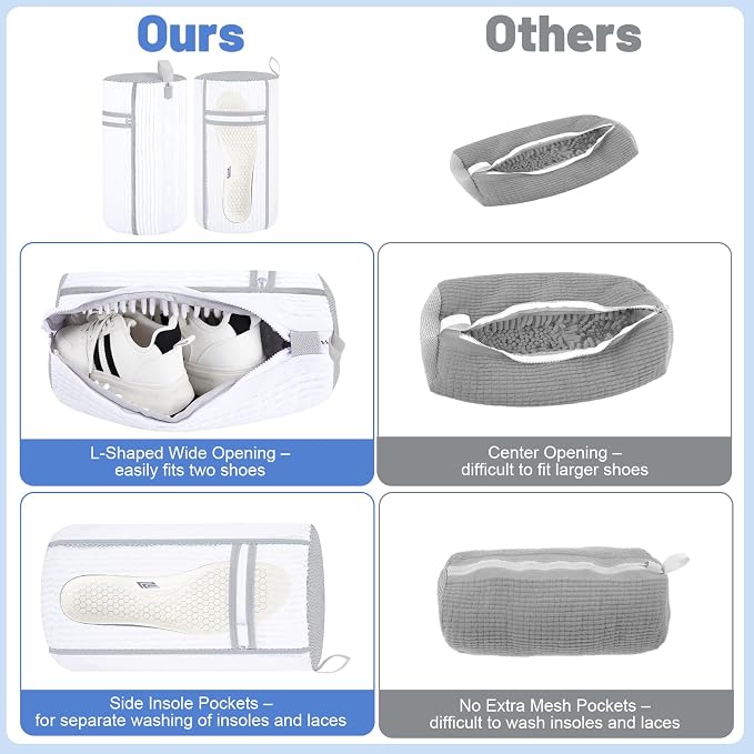 Dntorx 2 PCS Shoe Washing Machine Bag, Reusable L-shaped Zipper Laundry Shoe Bag for Washing Machine with Insoles Mesh Pocket for Washer and Dryer, Shoe Cleaning Bags for Sneaker Tennis Shoes
