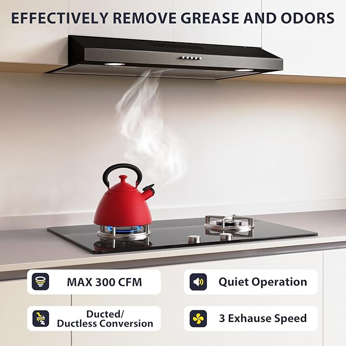Rang Hood 30 inch Under Cabinet, Ductless Slim Kitchen Range Hood Vent with Filter, LED Lights, 3 Speed Exhaust Fan, Campanas para Cocina (JX3875- Black)