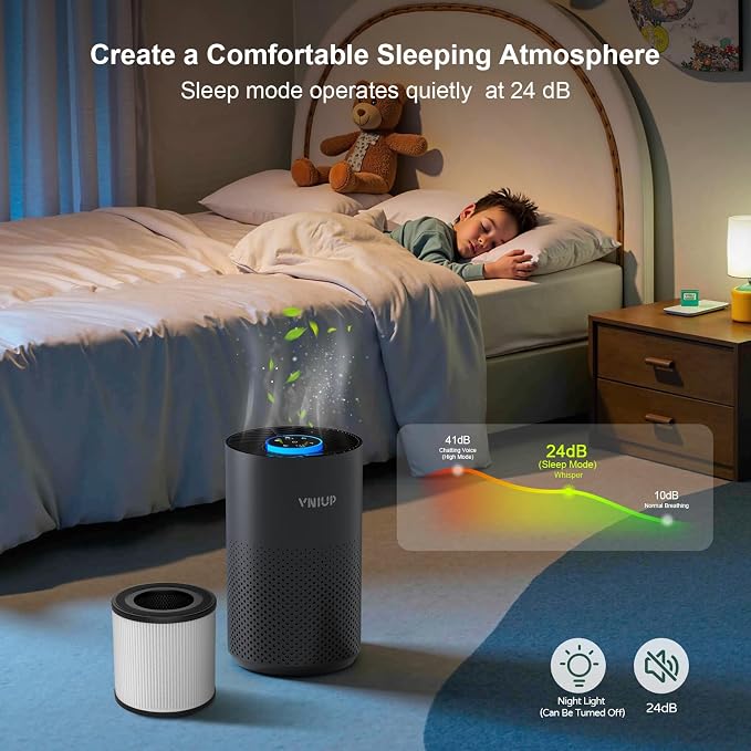 Black Air Purifier+2 Pack Replacement Filter, VNIUP H14 True Air Filter Cleaner for Bedroom with Fragrance Function, with Sleep Mode& Light Mode Air Cleaner for Pet Dander Odor Dust Smoke