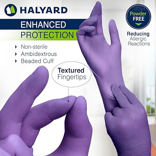 HALYARD Purple Nitrile-Xtra Exam Gloves, Sterile (Individually Wrapped), Powder-Free, 5.9 mil, 12 Inches, Purple, Medium, 14261 (Box of 100/50 Pairs)