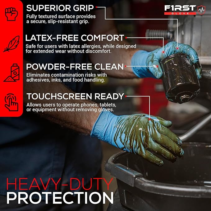 First Glove Nitrile 8 Mil Bucket Fully Textured Blue Gloves - Heavy Duty Gloves for Industrial & Automotive Work 500ct