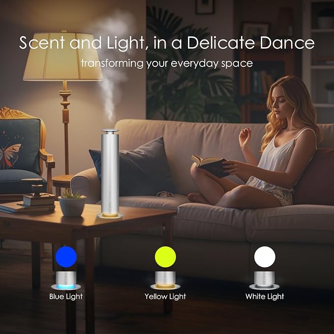 Somniare Waterless Essential Oil Diffuser, 1500 Sq. Ft Coverage Quiet Scent Diffusers for Homes, Hotels, Spas, Adjustable Mist, Included 5 Scent Oils(3.3OZ), Safe for Kids&Pets, Silver