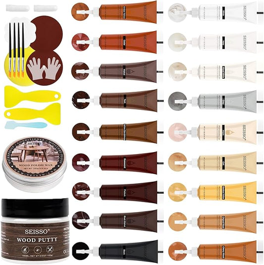 Wood Furniture Repair Kit, 34 Pcs Wood Filler Putty Restore a Finish Wood Floor Scratch Repair, Vinyl Floor Repair Kit for Scratches Holes, Hardwood Floor Door, Cabinet Table, Bedposts